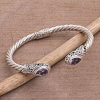 Amethyst cuff bracelet, 'Floral Iridescence' - Amethyst and Sterling Silver Floral Cuff Bracelet from Bali