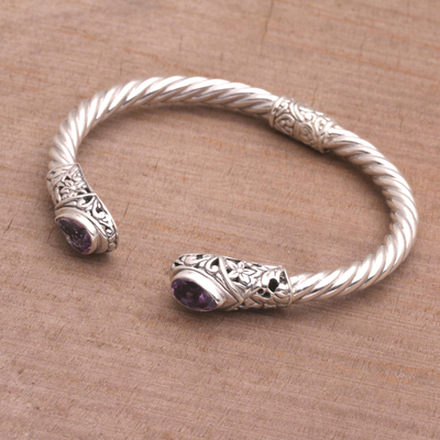 Amethyst cuff bracelet, 'Floral Iridescence' - Amethyst and Sterling Silver Floral Cuff Bracelet from Bali
