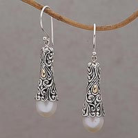 Gold accented cultured pearl dangle earrings, 'Dazzling Swirls' - Gold Accent Cultured Pearl Dangle Earrings from Bali