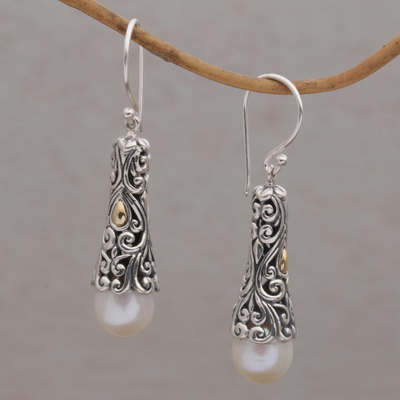 Gold accented cultured pearl dangle earrings, 'Dazzling Swirls' - Gold Accent Cultured Pearl Dangle Earrings from Bali