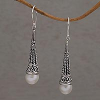Cultured pearl dangle earrings, 'Simply Luminous' - Cultured Pearl and Sterling Silver Dangle Earrings from Bali