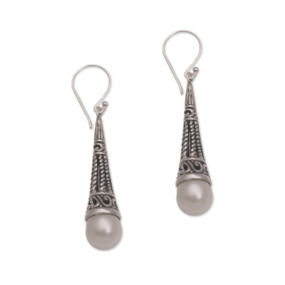 Cultured pearl dangle earrings, 'Simply Luminous' - Cultured Pearl and Sterling Silver Dangle Earrings from Bali