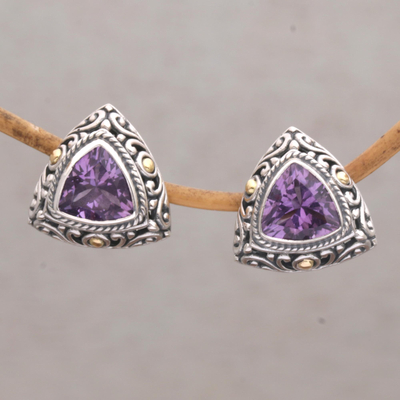 Gold accent amethyst button earrings, 'Mystic Force' - Gold Accent Amethyst Button Earrings from Bali