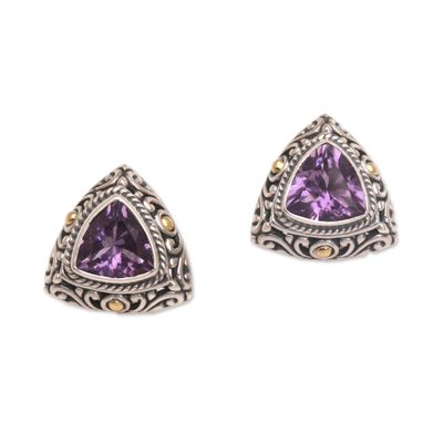 Gold accent amethyst button earrings, 'Mystic Force' - Gold Accent Amethyst Button Earrings from Bali