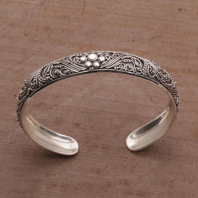 Sterling silver cuff bracelet, 'Shrine Swirls' - Sterling Silver Swirl Motif Cuff Bracelet from Bali