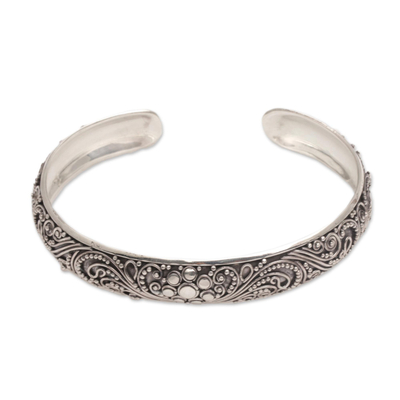 Sterling silver cuff bracelet, 'Shrine Swirls' - Sterling Silver Swirl Motif Cuff Bracelet from Bali