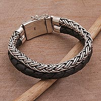 Mens sterling silver and leather bracelet, Double Virtue in Black