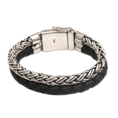 Men's sterling silver and leather bracelet, 'Double Virtue in Black' - Men's Sterling Silver and Leather Wristband Bracelet