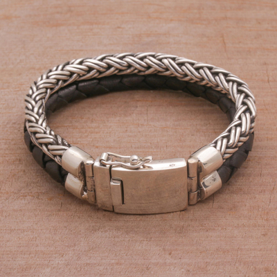 Men's sterling silver and leather bracelet, 'Double Virtue in Black' - Men's Sterling Silver and Leather Wristband Bracelet