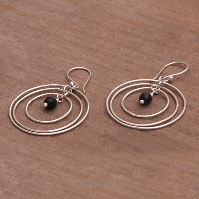 Onyx dangle earrings, 'Atoms' - Onyx and Sterling Silver Dangle Earrings from Bali