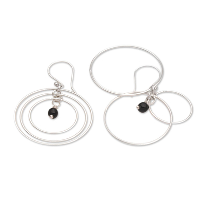 Onyx dangle earrings, 'Atoms' - Onyx and Sterling Silver Dangle Earrings from Bali