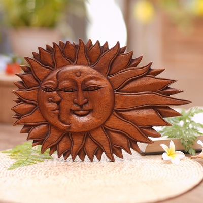 Wood relief panel, 'Lunar Solar' - Artisan Hand-Carved Sun and Moon Wall Relief Panel from Bali