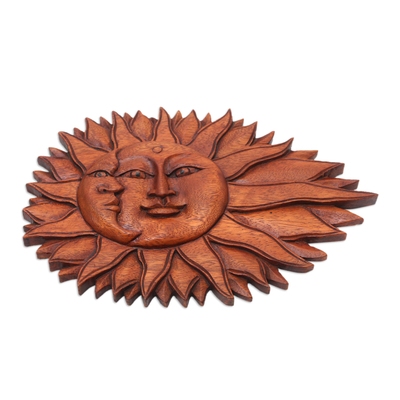 Wood relief panel, 'Lunar Solar' - Artisan Hand-Carved Sun and Moon Wall Relief Panel from Bali