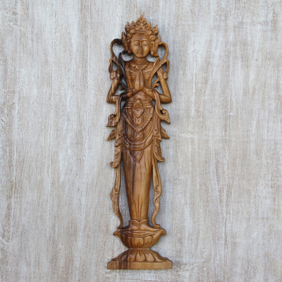 Wood relief panel, 'Lakshmi' - Handcrafted Hindu Suar Wood Relief Panel from Bali