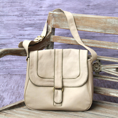 Leather sling, 'Stylish Companion in Ivory' - Handcrafted Adjustable Leather Sling in Ivory from Java