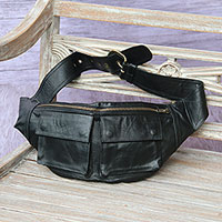 Leather waist bag, 'Uncharted' - Black Leather Fanny Pack Waist Bag with Pockets and Buckle