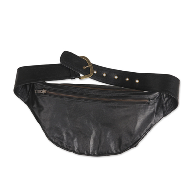 Leather waist bag, 'Uncharted' - Black Leather Fanny Pack Waist Bag with Pockets and Buckle