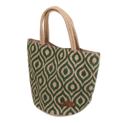 Agel grass tote bag, 'Peacock Paradise in Green' - Agel Grass Tote Bag in Natural and Green Pattern
