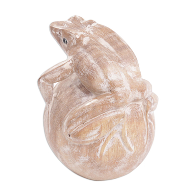 Wood sculpture, 'Contemplative Frog' - Whitewashed Distressed Wood Frog Sculpture