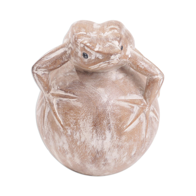Wood sculpture, 'Contemplative Frog' - Whitewashed Distressed Wood Frog Sculpture