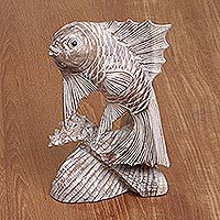 Wood statuette, 'Jumping Carp' - Handmade Whitewashed Jempinis Wood Statuette Jumping Carp