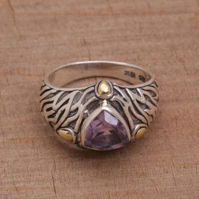Amethyst and gold accent single stone ring, 'Deep Roots' - Sterling Silver and Amethyst Ring with 18K Gold Accents