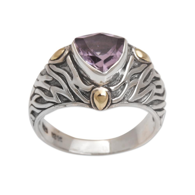 Amethyst and gold accent single stone ring, 'Deep Roots' - Sterling Silver and Amethyst Ring with 18K Gold Accents