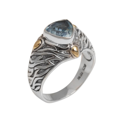 Blue topaz and gold accent single stone ring, 'Deep Roots' - Blue Topaz and Sterling Silver Ring with 18K Gold Accents