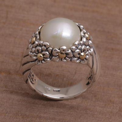 Cultured pearl and gold accent cocktail ring, 'Daisy Glow' - Handmade Cultured Pearl Cocktail Ring with Floral Motifs