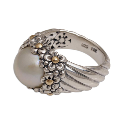 Cultured pearl and gold accent cocktail ring, 'Daisy Glow' - Handmade Cultured Pearl Cocktail Ring with Floral Motifs