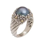 Cultured pearl cocktail ring, 'Dusky Daisy' - Blue Cultured Pearl Cocktail Ring with Floral Motifs