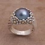 Cultured pearl cocktail ring, 'Dusky Daisy' - Blue Cultured Pearl Cocktail Ring with Floral Motifs