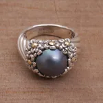 Cultured pearl cocktail ring, 'Dusky Daisy' - Blue Cultured Pearl Cocktail Ring with Floral Motifs