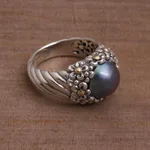 Cultured pearl cocktail ring, 'Dusky Daisy' - Blue Cultured Pearl Cocktail Ring with Floral Motifs