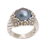Cultured pearl cocktail ring, 'Dusky Daisy' - Blue Cultured Pearl Cocktail Ring with Floral Motifs