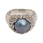 Cultured pearl cocktail ring, 'Dusky Daisy' - Blue Cultured Pearl Cocktail Ring with Floral Motifs