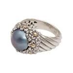 Cultured pearl cocktail ring, 'Dusky Daisy' - Blue Cultured Pearl Cocktail Ring with Floral Motifs