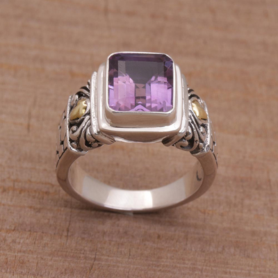 Amethyst and gold accent single stone ring, 'Purple Extravaganza' - Amethyst Gold Accent and Sterling Silver Single Stone Ring