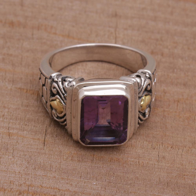 Amethyst and gold accent single stone ring, 'Purple Extravaganza' - Amethyst Gold Accent and Sterling Silver Single Stone Ring