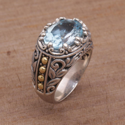Gold accented blue topaz cocktail ring, 'Ornate Majesty' - Handmade Sterling Silver and Blue Topaz Single Stone RIng