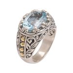 Gold accented blue topaz cocktail ring, 'Ornate Majesty' - Handmade Sterling Silver and Blue Topaz Single Stone RIng
