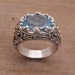Gold accented blue topaz cocktail ring, 'Ornate Majesty' - Handmade Sterling Silver and Blue Topaz Single Stone RIng