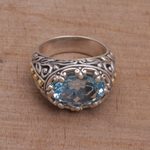 Gold accented blue topaz cocktail ring, 'Ornate Majesty' - Handmade Sterling Silver and Blue Topaz Single Stone RIng