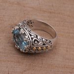 Gold accented blue topaz cocktail ring, 'Ornate Majesty' - Handmade Sterling Silver and Blue Topaz Single Stone RIng