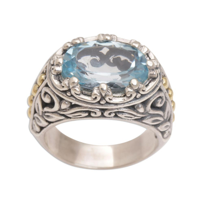 Gold accented blue topaz cocktail ring, 'Ornate Majesty' - Handmade Sterling Silver and Blue Topaz Single Stone RIng