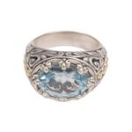 Gold accented blue topaz cocktail ring, 'Ornate Majesty' - Handmade Sterling Silver and Blue Topaz Single Stone RIng