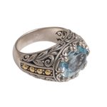 Gold accented blue topaz cocktail ring, 'Ornate Majesty' - Handmade Sterling Silver and Blue Topaz Single Stone RIng