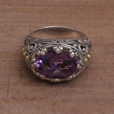 Gold accented amethyst cocktail ring, 'Ornate Majesty' - Amethyst Gold Accent and Sterling Silver Single Stone Ring