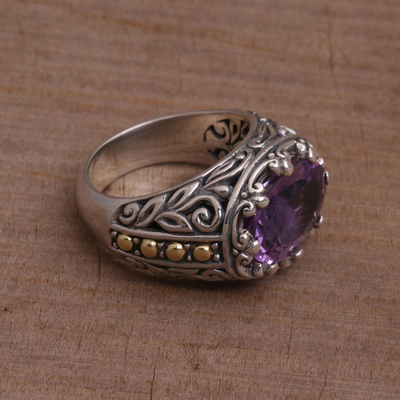 Gold accented amethyst cocktail ring, 'Ornate Majesty' - Amethyst Gold Accent and Sterling Silver Single Stone Ring