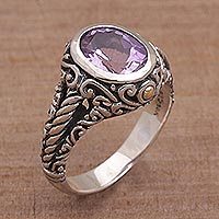 Amethyst and gold accent single stone ring, 'Princess of Vines' - Amethyst Gold Accent and Sterling Silver Single Stone Ring